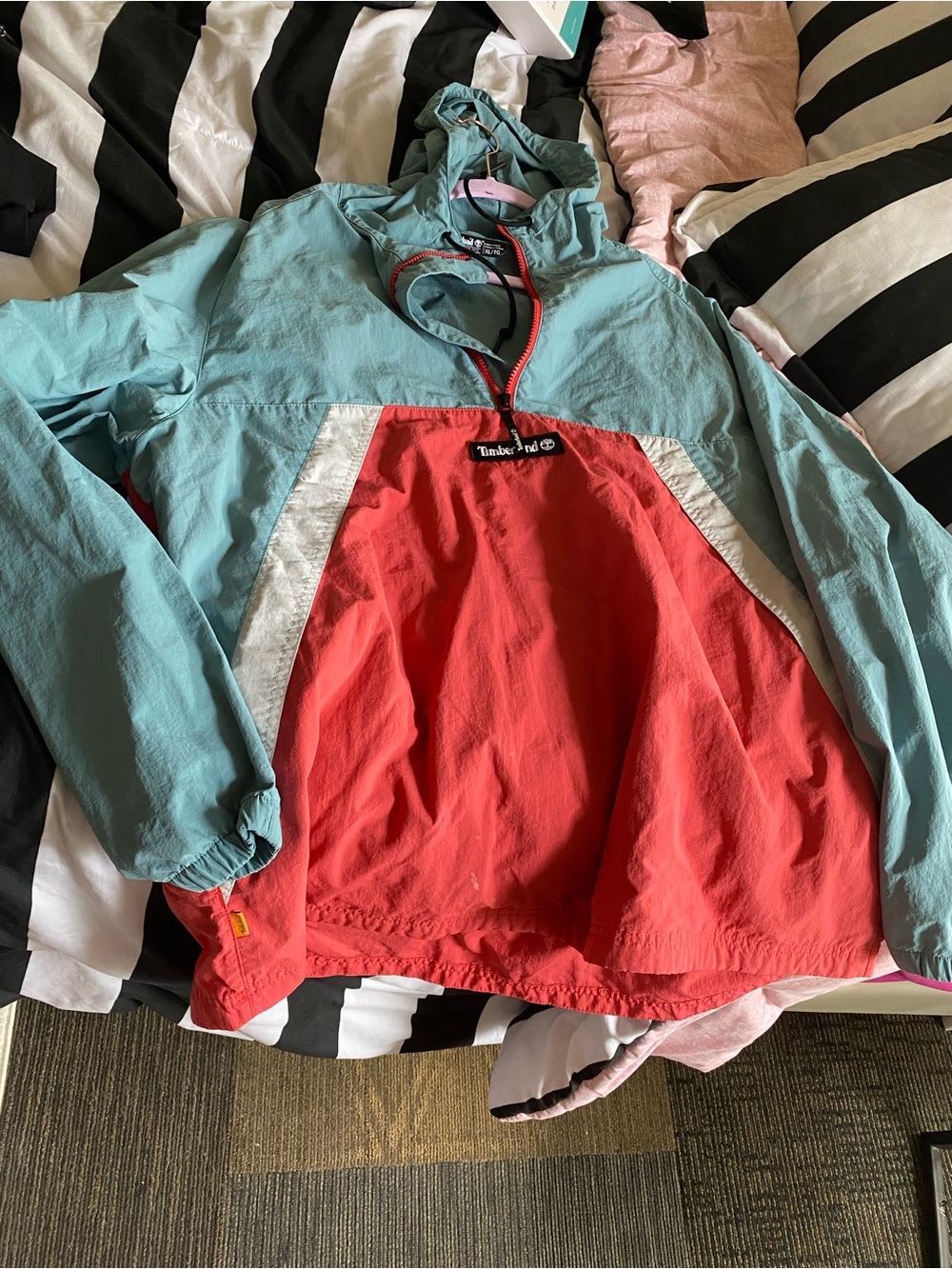 Timberland Kids Teal & Red Colorblock Pullover Rain Jacket